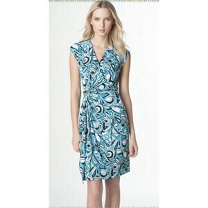 EUC Michael Kors Faux Wrap Dress Teal White Black Sz Medium Stretch